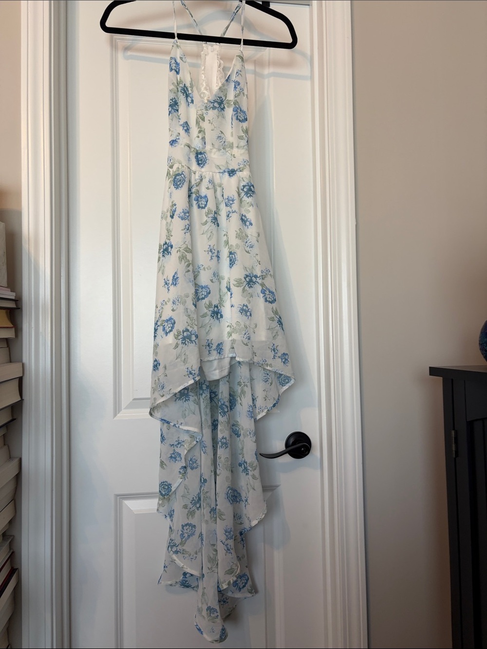 Rue21 White and Blue Floral High-Low Spaghetti Strap Dress